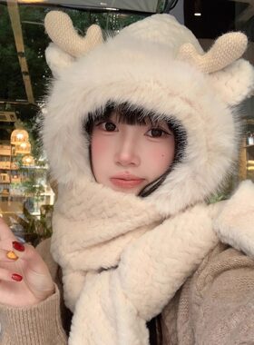 可爱小鹿帽子围巾手套一体女冬季加厚保暖加绒防寒三件套连帽围脖