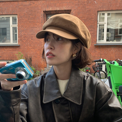 韩国ins棕色八角帽女秋冬贝雷帽复古显脸小百搭英伦风画家报童帽