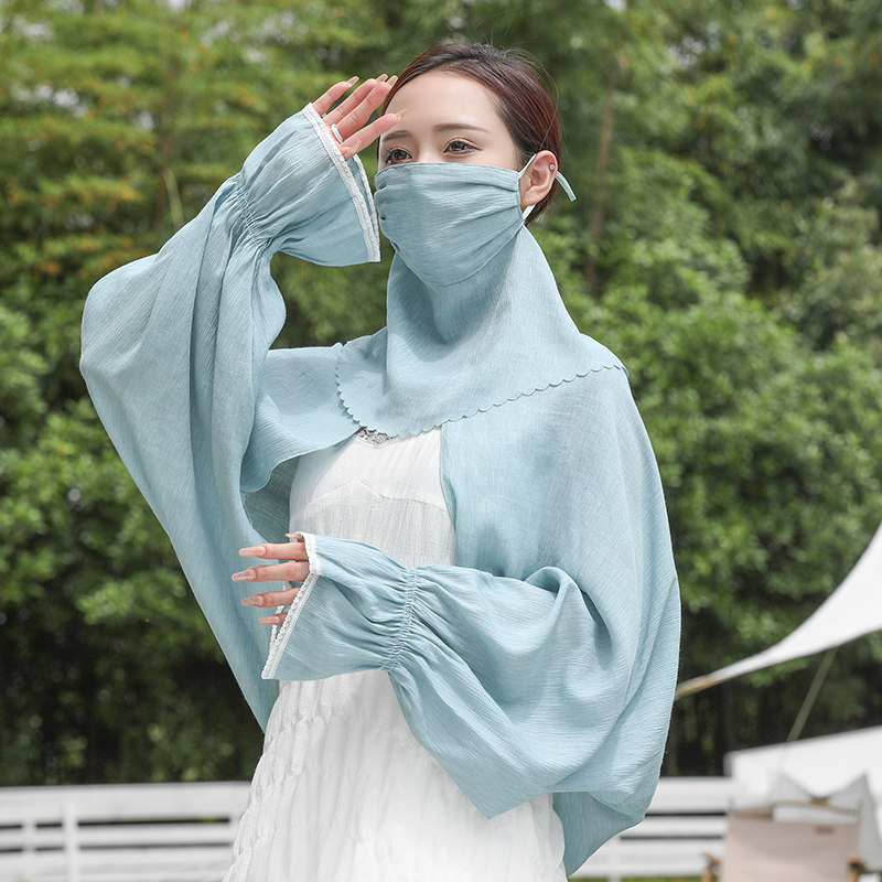 防晒手套女夏开车骑行凉感透气防紫外线冰丝袖套护臂练车披肩面纱