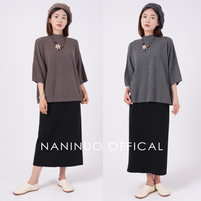 纯羊绒半高领宽松T恤七分袖上衣