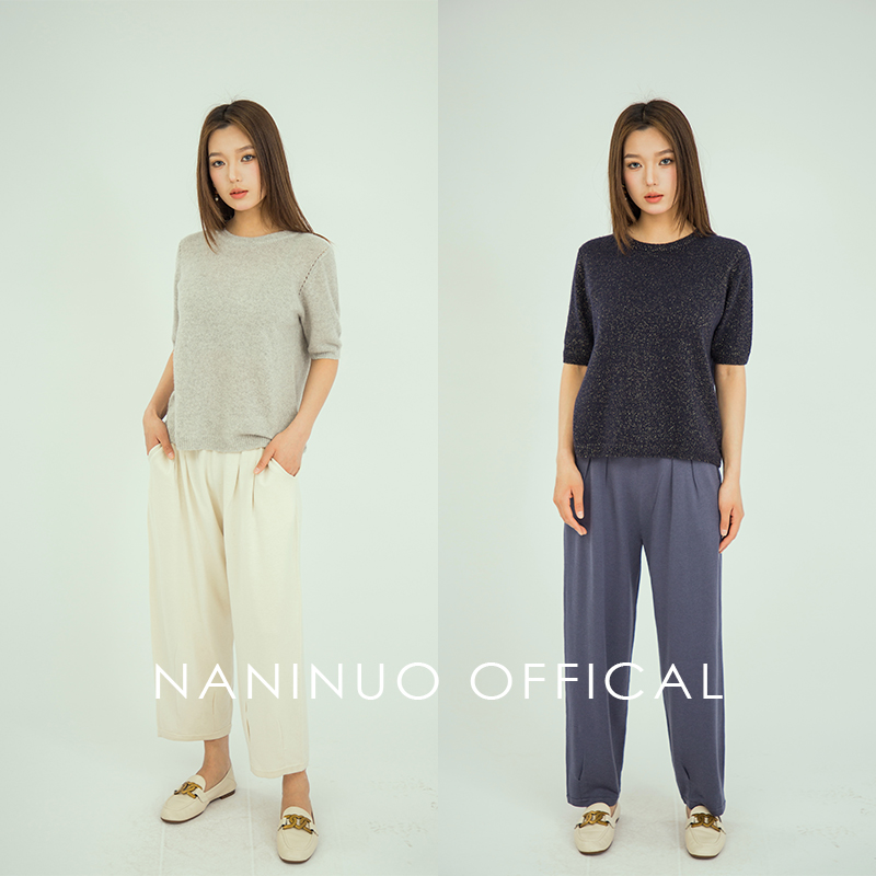 Naninuo/纳尼诺纯色修身五分袖金线半袖圆领针织套衫NADX21012 女装/女士精品 羊绒衫 原图主图