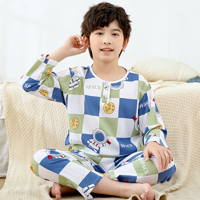 胖童家居服大码宽松中大男童女孩绵绸睡衣夏季薄款棉绸防蚊空调服