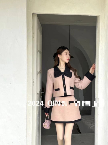 tinikeng半身裙气质套装秋冬季新款减龄翻领西装外套小香风两件套