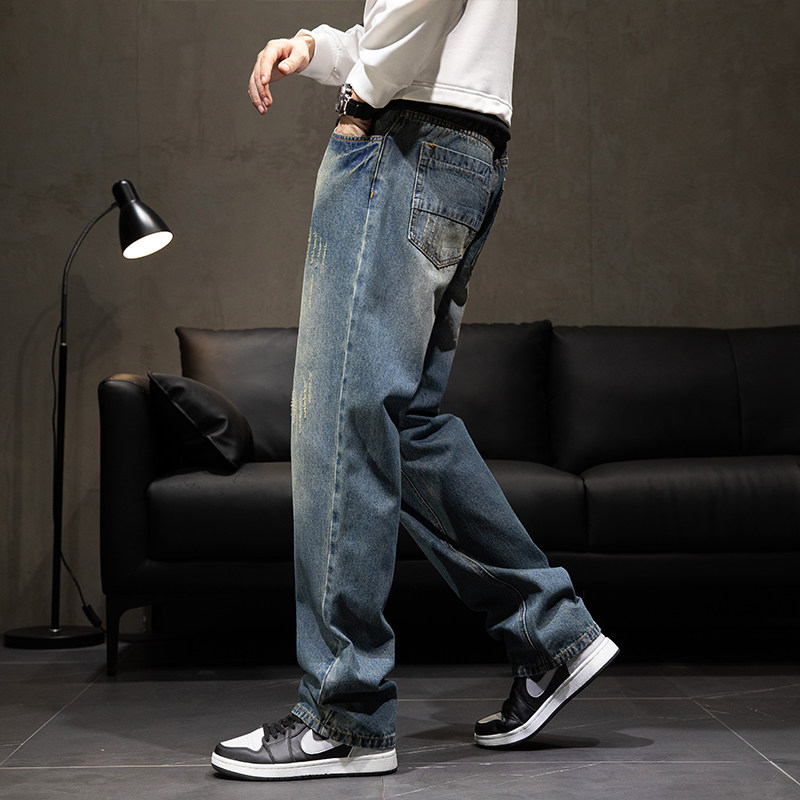 WINTER LOOSE STRAIGHT PILE THICKENED JEANS MENS AUTUMN AND WINTER 200 POUNDS FAT PLUS SIZE THICK LEG LONG PANTS