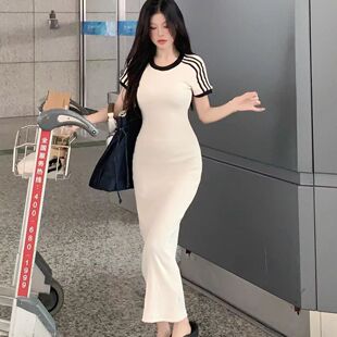网红时尚百搭短袖拼接连衣裙女装夏季新款韩版收腰显瘦包臀长裙子