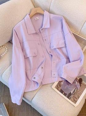 紫色ins外套女春秋休闲百搭夹克新款宽松韩版小个子工装口袋上衣