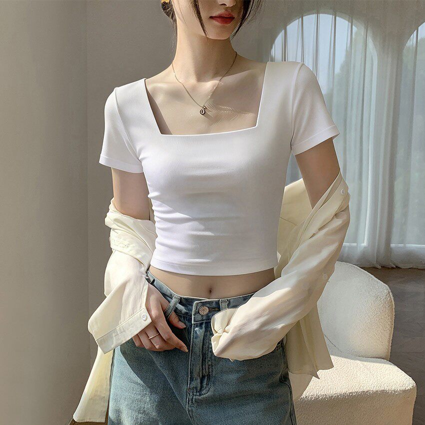 白色方领短袖T恤女2026新款夏季正肩短款小个子纯棉高腰修身上衣