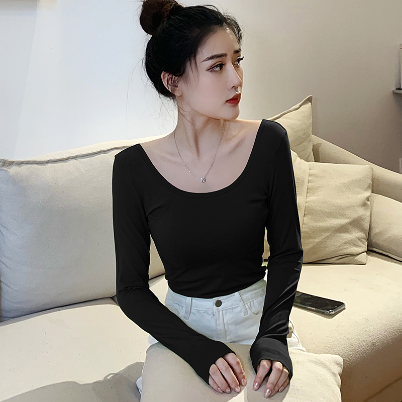 长袖t恤纯棉黑色大u领性感紧身