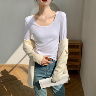 白色纯棉U领内搭打底衫女2025新款秋冬低领大领修身加绒长袖上衣