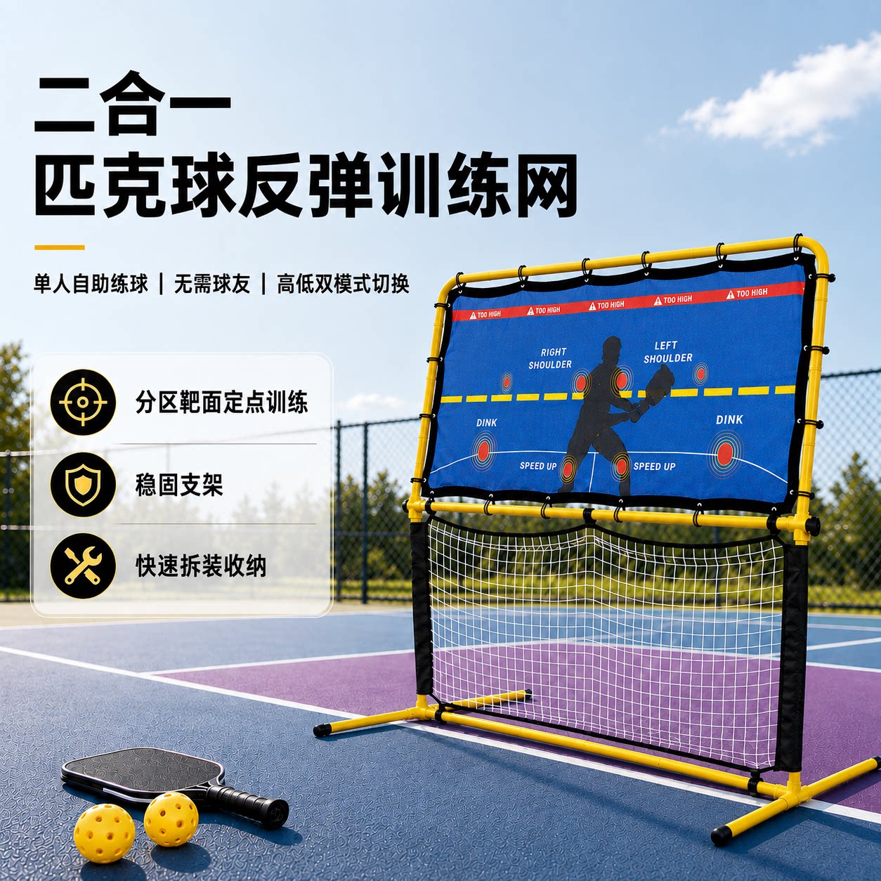 二合一匹克球反弹训练网便携款图片