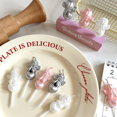 珠光白银色丘比特小天使蜡烛