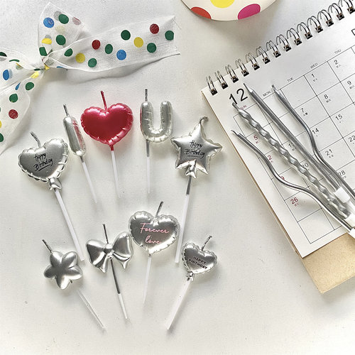 烘焙秘密 ins韩国银色气球爱心iloveu生日蛋糕蜡烛线条曲线直杆银