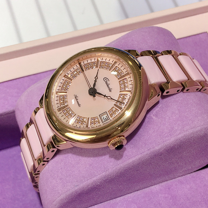 卡罗莱女士全自动机械手表时尚镶钻女表陶瓷表带防水腕表ca1113