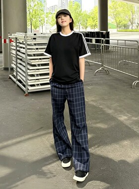 深蓝色美式格子裤子男女夏季慵懒松弛感弯刀裤cleanfit直筒微喇裤