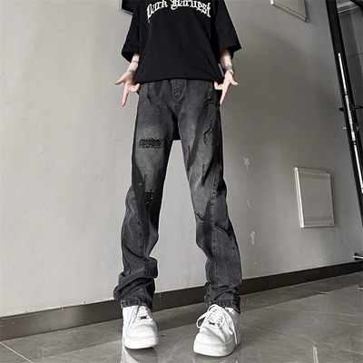 美式复古蓝色破洞牛仔裤设计感