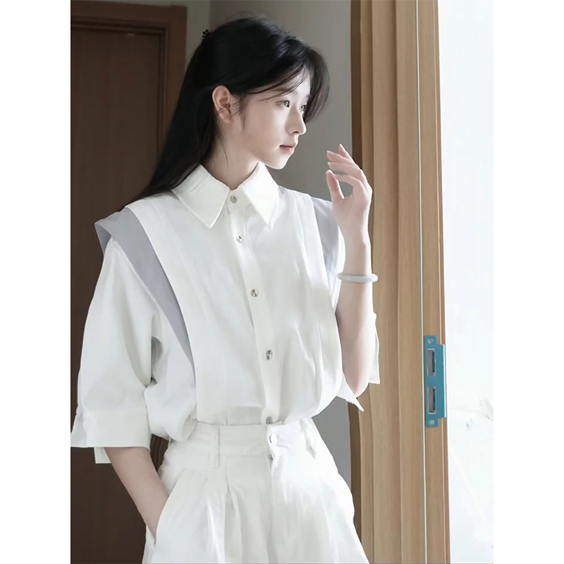 白色假两件解构拼接短袖衬衫
