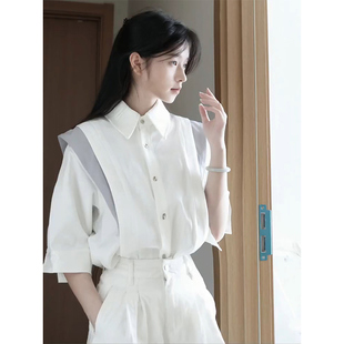 白色假两件解构拼接短袖衬衫男夏季设计感飞肩中袖衬衣高级感外套