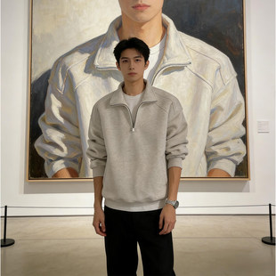 白灰色立领长袖polo衫男冬季美式半拉链加绒卫衣可外穿内搭打底衫