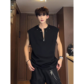 黑色半拉链铆钉设计感坎肩背心男模夏季 ootd穿搭正肩老头衫 t恤潮