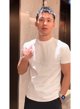 白色正肩显壮短袖男款夏季精梳纯棉修身t恤美式三本针小领口半袖
