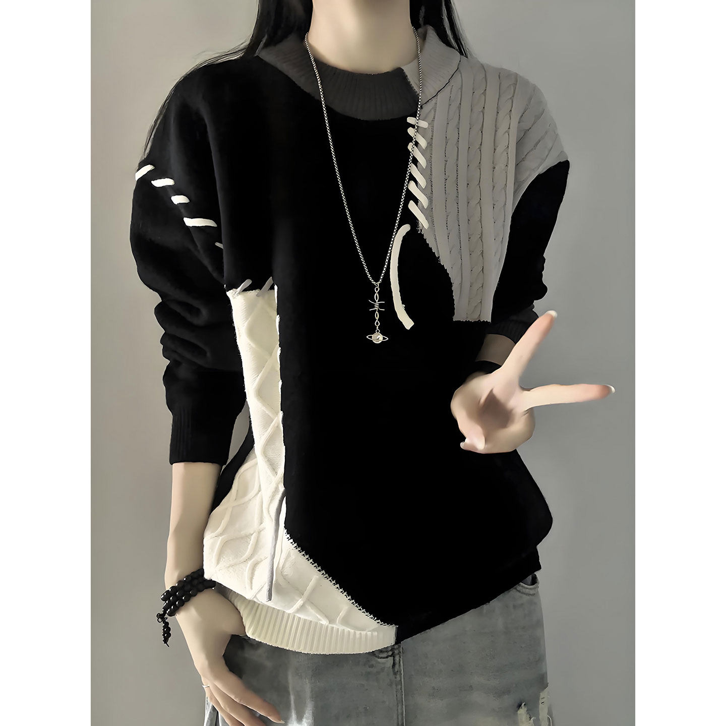 美式复古撞色圆领毛衣男款冬季设计感针织衫内搭可外穿慵懒风上衣,男装,针织衫/毛衣,淘宝优惠券,粉丝福利购,淘宝优惠卷