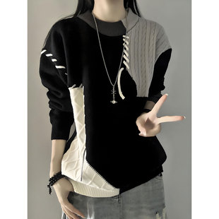 美式复古撞色圆领毛衣男款冬季设计感针织衫内搭可外穿慵懒风上衣