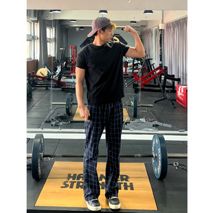 美式格子速干健身裤男款春夏薄款冰丝运动裤cleanfit直筒微喇裤子