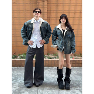 浅蓝色羊羔绒牛仔夹克男女冬季cleanfit加绒保暖休闲棉服情侣外套