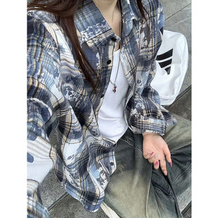 美式扎染格纹衬衫男款早秋薄款翻领格子长袖衬衣慵懒风松弛感外套