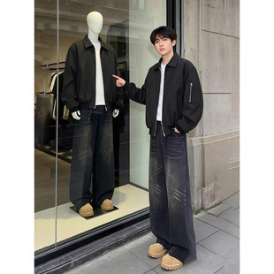 cleanfit黑色短款外套男款美式翻领飞行夹克高级感痞帅正肩棒球服