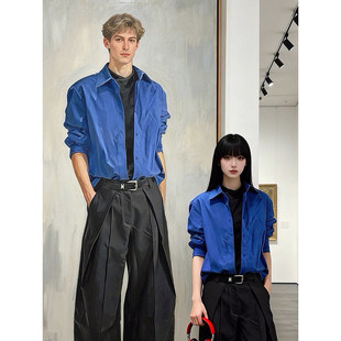 克莱因蓝色韩系衬衫男高级感痞帅春季叠穿内搭长袖衬衣中性风外套