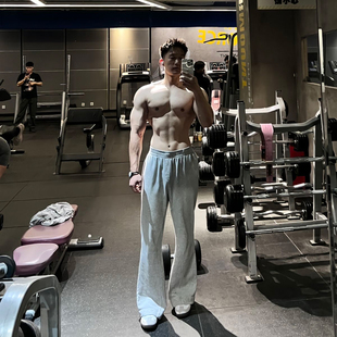 子宽松休闲直筒裤 灰色健身微喇运动卫裤 健身裤 cleanfit美式 男秋季