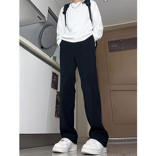 纯黑色高腰直筒西裤垂坠感高级感美式裤子男款秋冬休闲微喇西装裤