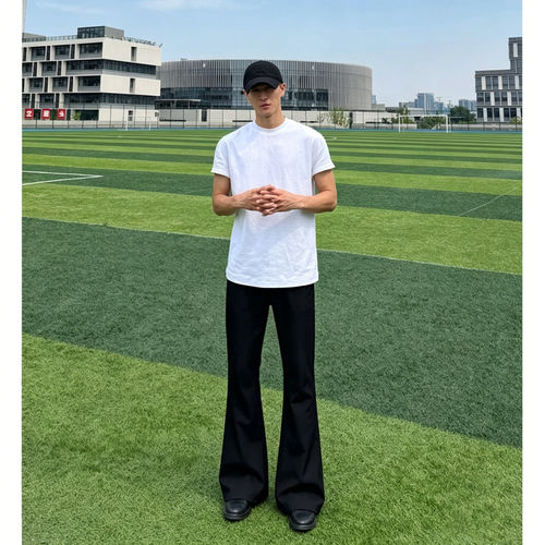 黑色冰丝男夏显腿长微喇休闲裤