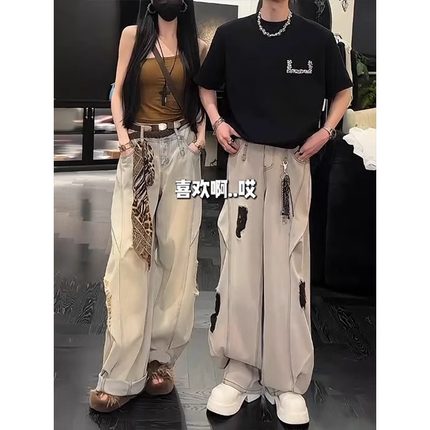 水洗做旧破洞牛仔裤男夏季宽松休闲百搭直筒裤潮流痞帅褶皱弯刀裤