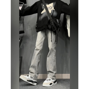 cleanfit烟灰色牛仔裤男秋冬修身直筒微喇裤子美式加绒vibe休闲裤