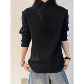 加绒加厚小众设计感打底衫 黑色斜领拉链长袖 T恤男女冬季 重磅卫衣