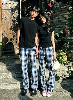 美式复古蓝色格子裤子男夏季青少年休闲运动裤cleanfit直筒微喇裤