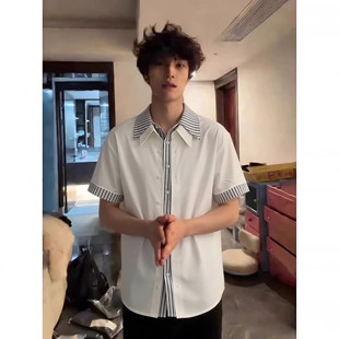 假两件拼接短袖衬衫男款夏季少年感条纹衬衣外套美式痞帅翻领T恤