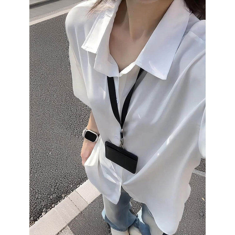 白色冰丝短袖衬衫男女夏季cleanfit情侣半截袖韩系高级感翻领T恤