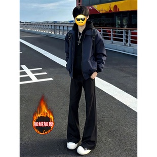 男款 弯刀裤 冬季 子cleanfit美式 加绒加厚垂坠感裤 黑色微喇休闲西裤