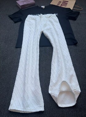 白色菱格流苏弯刀牛仔裤男秋季美式高街vibe裤子显瘦直筒微喇长裤