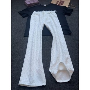 子显瘦直筒微喇长裤 白色菱格流苏弯刀牛仔裤 高街vibe裤 美式 男秋季