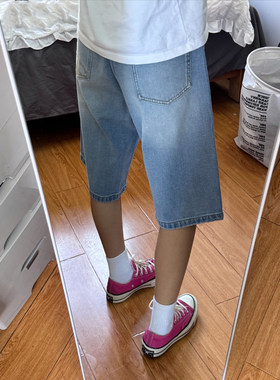 浅蓝色薄款牛仔短裤男夏季cleanfit美式直筒五分裤痞帅宽松裤子