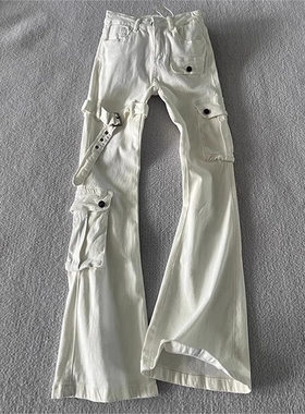 白色vibe绑带牛仔裤男款夏季美式高街痞帅微喇裤子显瘦直筒弯刀裤