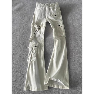 白色vibe绑带牛仔裤男款夏季美式高街痞帅微喇裤子显瘦直筒弯刀裤