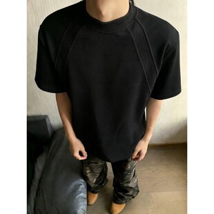美式黑色正肩t恤男款夏季重磅拼接曼巴棉短袖cleanfit内搭半截袖