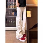 男夏季 显瘦直筒阔腿长裤 新款 毛边修身 美式 白色破洞高街痞帅牛仔裤