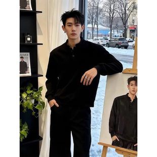 亨利领美式长袖polo衫男款秋冬加绒加厚高级感痞帅正肩卫衣打底衫