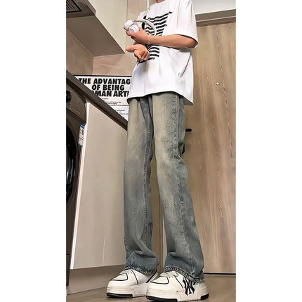 复古蓝水洗牛仔裤男夏季薄款美式高街vibe裤子修身显瘦直筒微喇裤